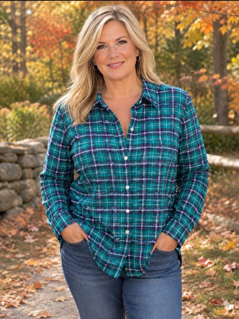 Croft & Barrow Teal&Black Plaid Button-Down 100% cotton Shirt size 1X New w/ tag